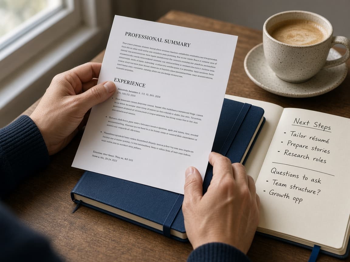 Hands reviewing a printed résumé beside a notebook