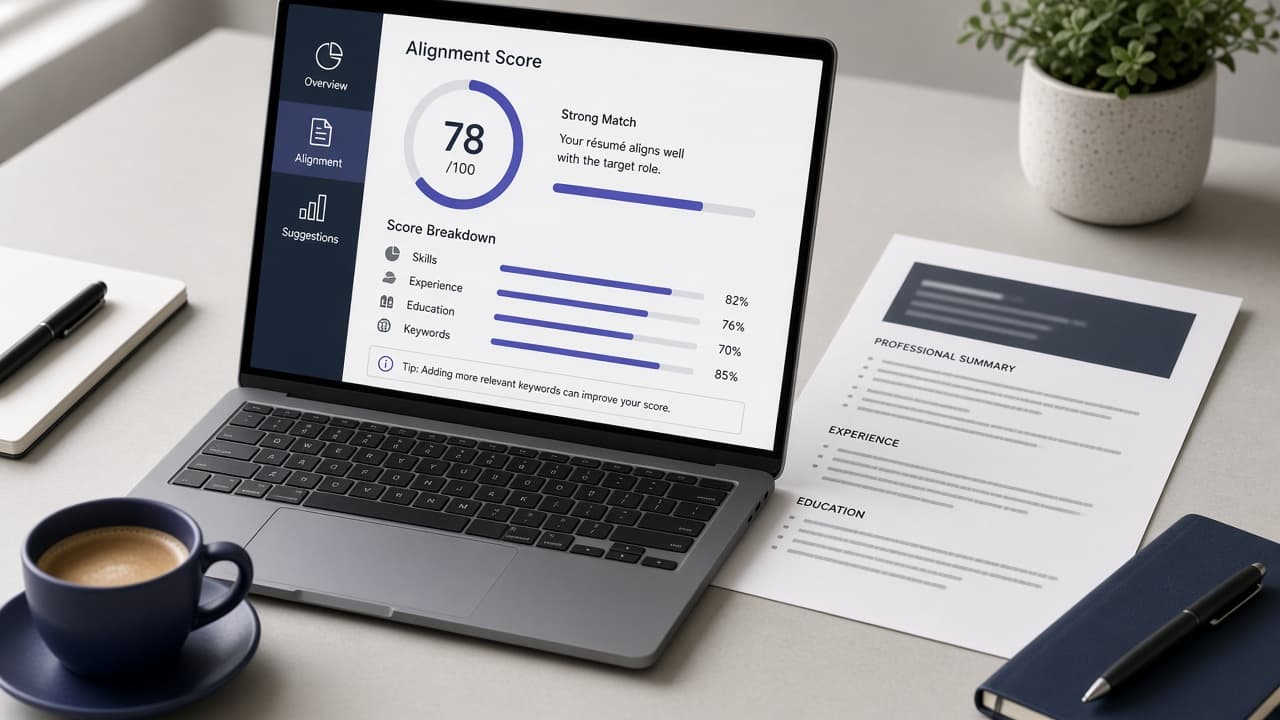 Laptop and résumé on a professional desk